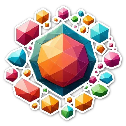 A colorful polygonal shape with various colors such as green, orange, yellow, and purple.