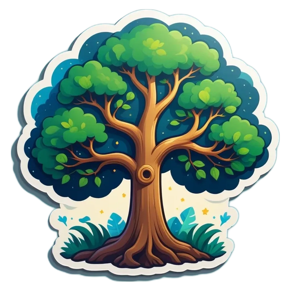 A sticker of a tree with leaves that is green.