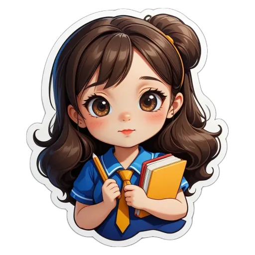 A girl with a pencil in her right hand is wearing a blue shirt and a yellow tie.