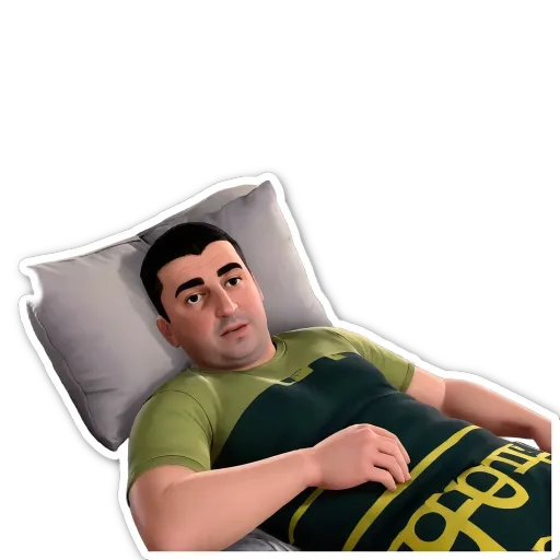 A man with a white pillow and green apron has a large w in his hand.