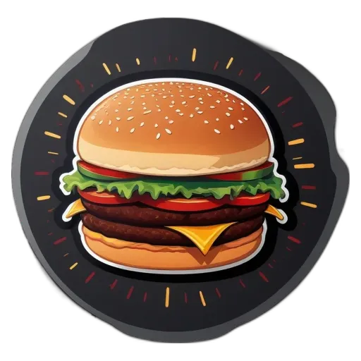 A burger with lettuce and tomato on a round sticker.