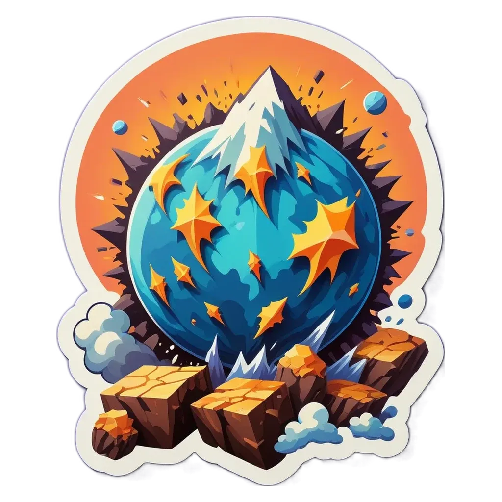 A sticker of a earth with mountains and stars on it.