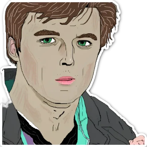 A boy with a green eye and a pink lip.