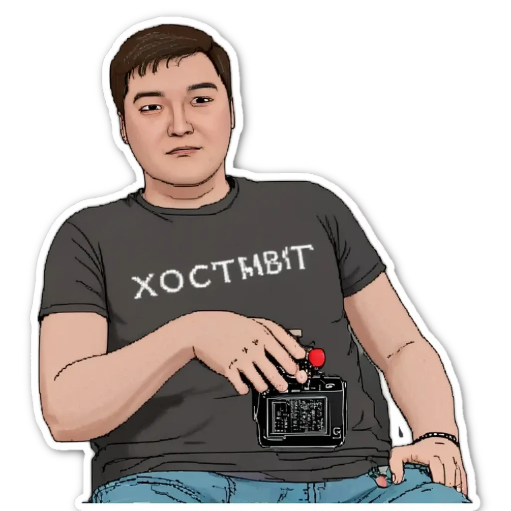 A man with a camera around his neck is wearing a grey shirt with the word XOCTABIT on it.