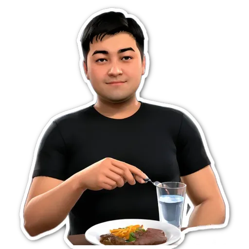 A man eating with a black shirt and a glass of water.