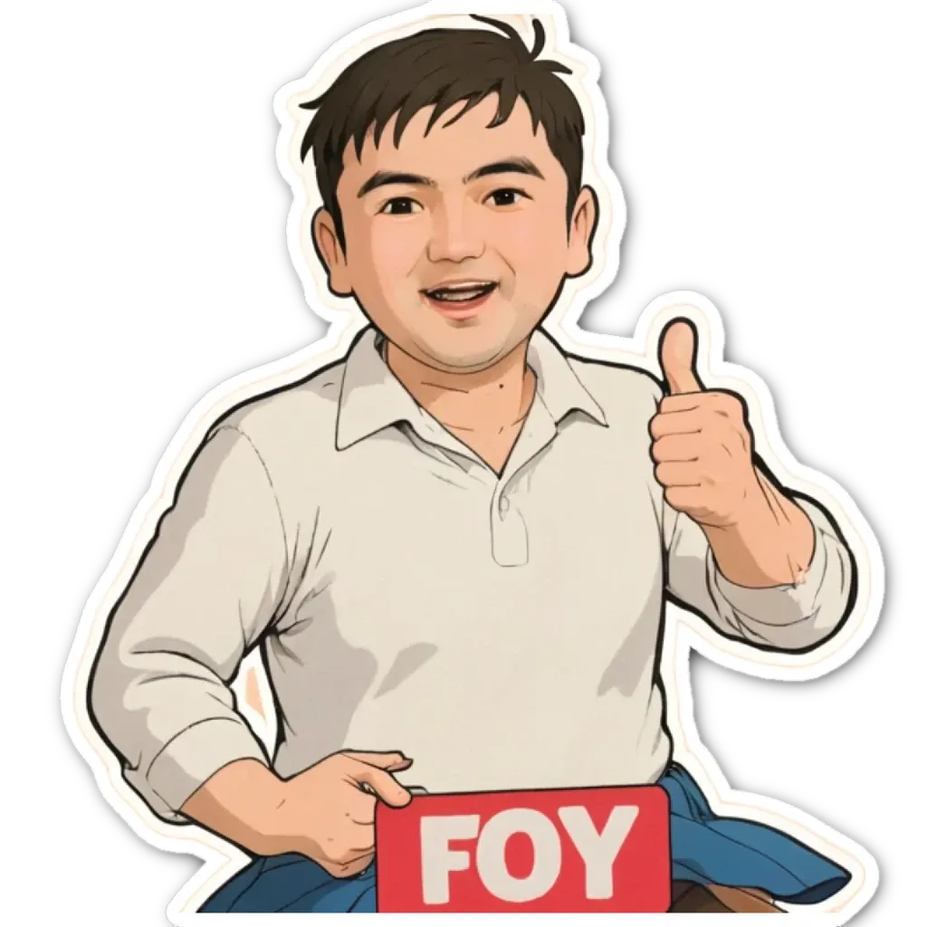 A sticker of a man with a thumbs up and the word FoY written on it.