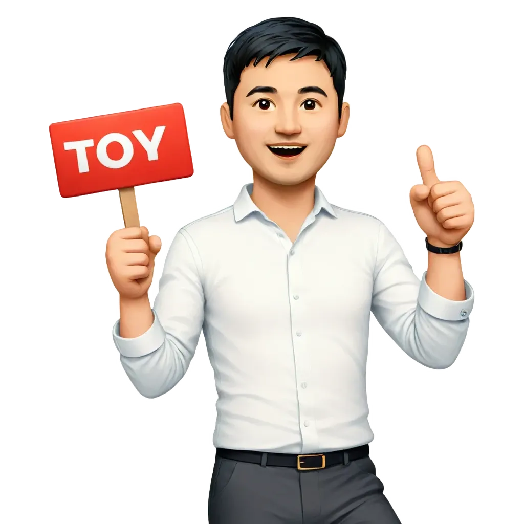 A cartoon image of a man holding a sign that says 'Toy'.