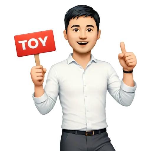 A cartoon image of a man holding a sign that says 'Toy'.