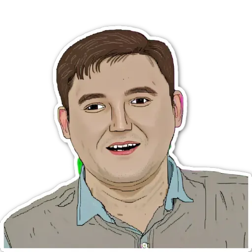 A very detailed drawing of a man with a blue shirt and a green earring.