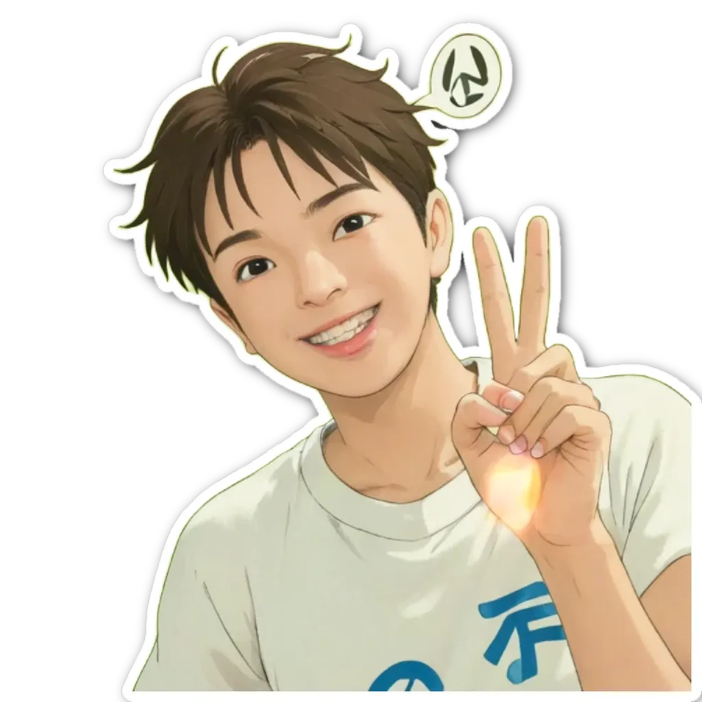 A boy with a peace sign is wearing a white shirt.