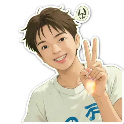 A boy with a peace sign is wearing a white shirt.