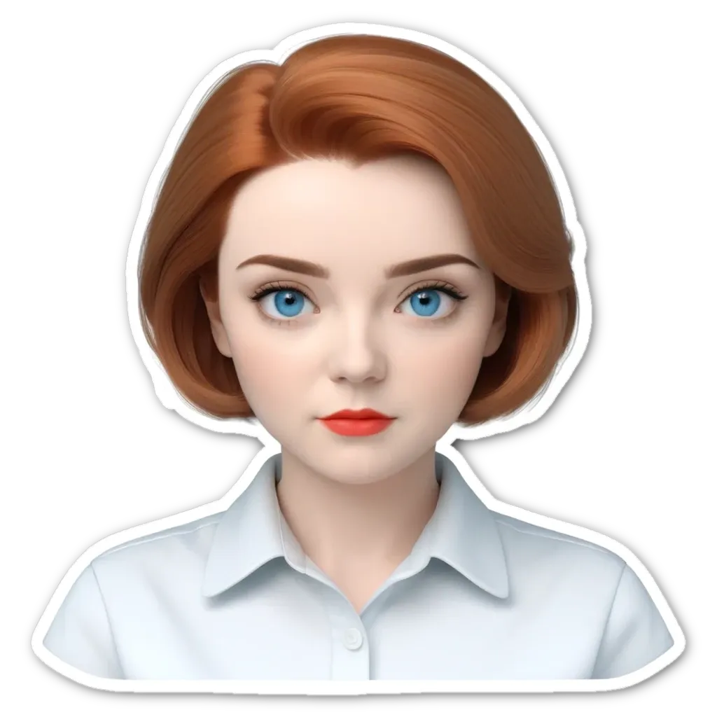 A sticker of a women with blue eyes and a red lipstick.