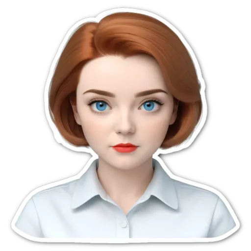 A sticker of a women with blue eyes and a red lipstick.