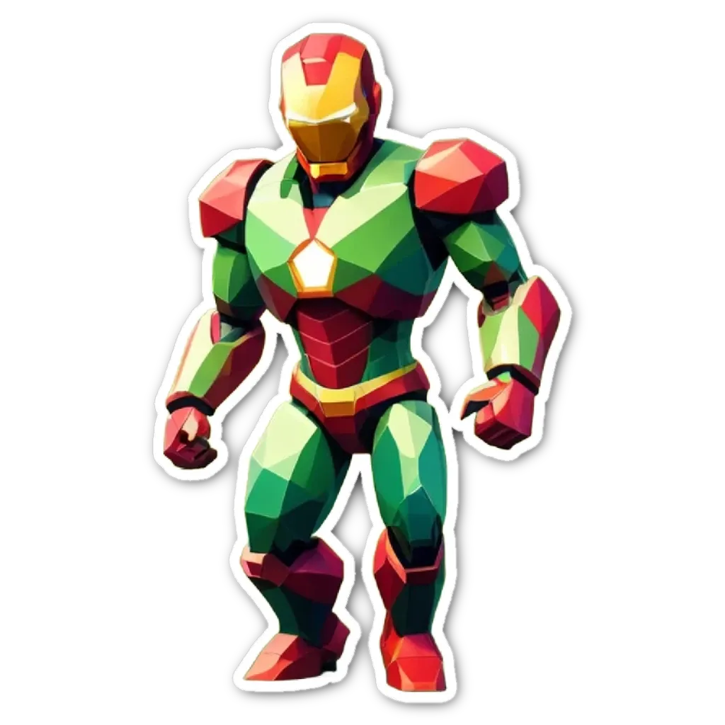 A green and red polyhedron figure of a man with red hair and green hair and green sleeves.