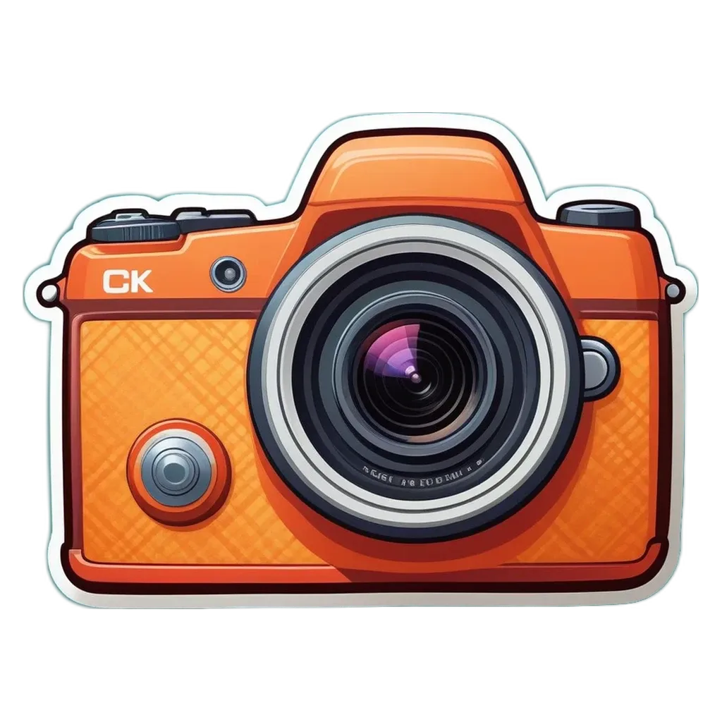 An orange camera with the letters CK on the front.