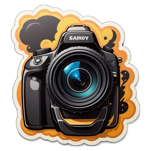 A black and orange camera with a blue lens.