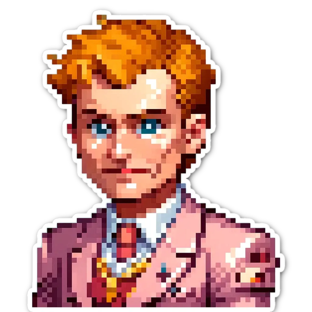 An ad or a sticker of a boy wearing a pink suit and a red tie.