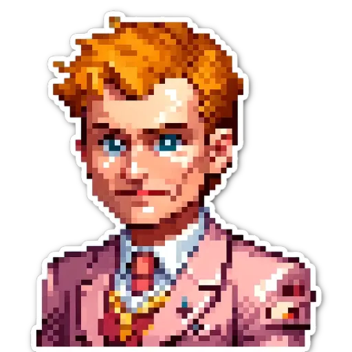 An ad or a sticker of a boy wearing a pink suit and a red tie.