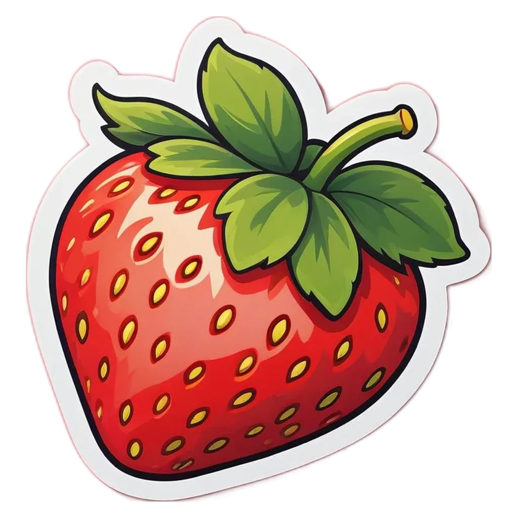A strawberry shaped sticker on a black background.