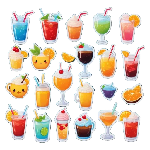 A set of colorful stickers depicting various drinks with straws.