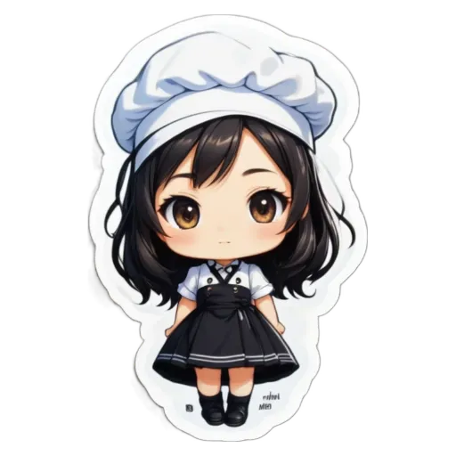 A girl is wearing a hat and a black and white dress.