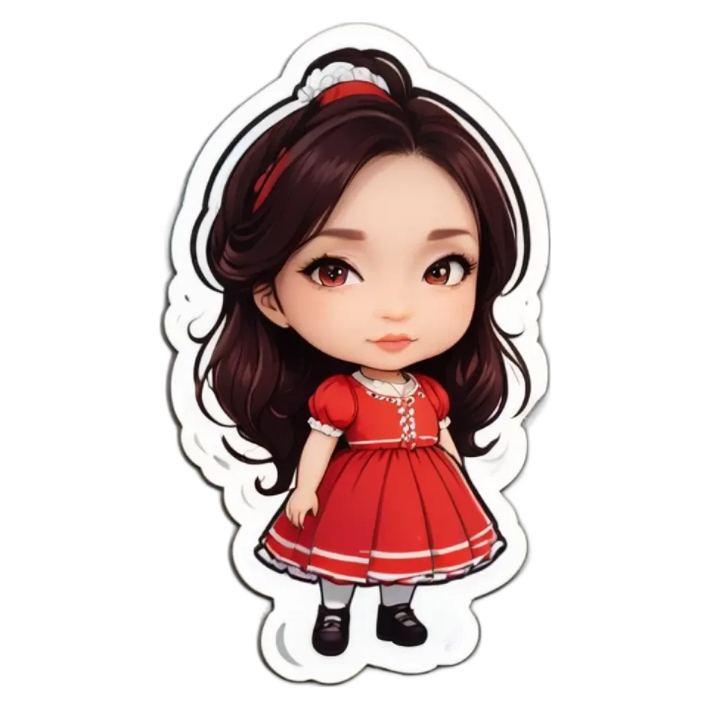 A girl wearing a red dress has her eyes wide open.