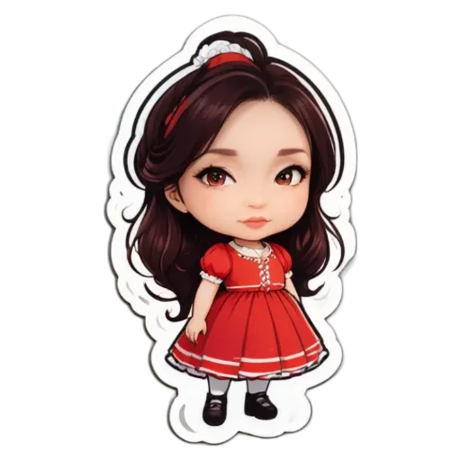 A girl wearing a red dress has her eyes wide open.