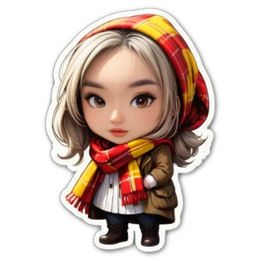 A girl is wearing a red and yellow scarf.