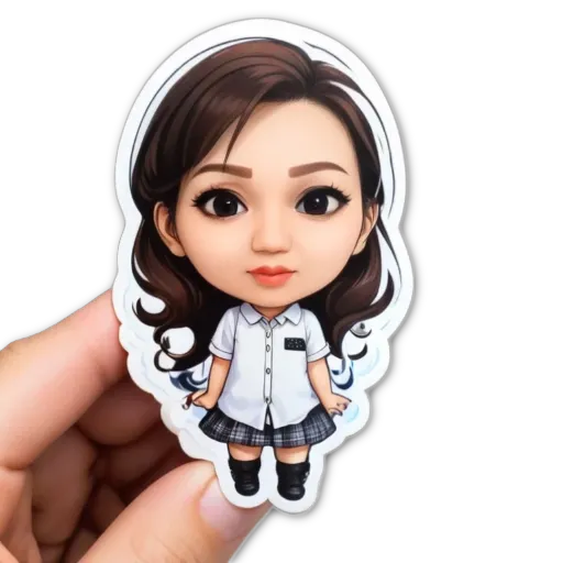 A sticker of a girl that is being held in front of a black background.