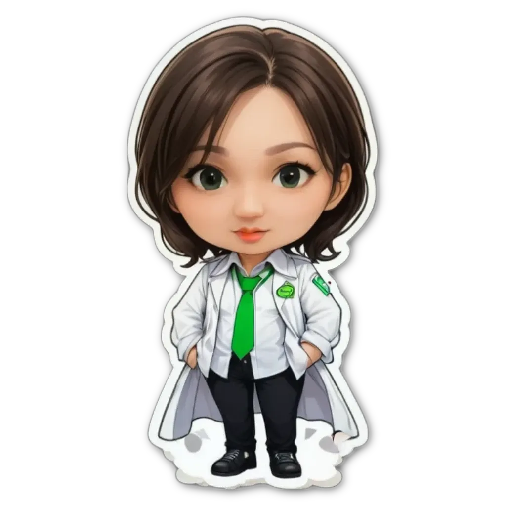 A sticker of a girl that is wearing a lab coat and tie.