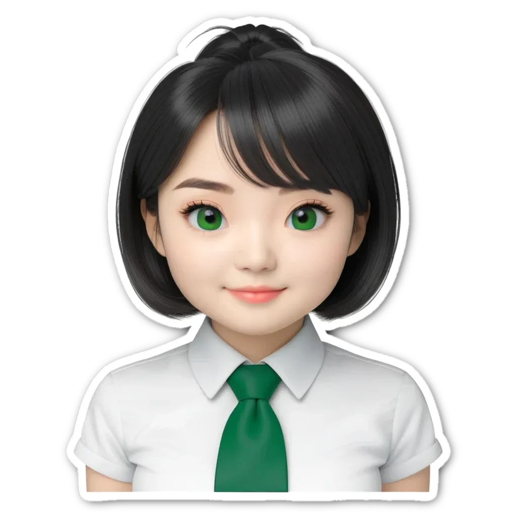 A 3d model of a girl wearing a white shirt and a green tie.