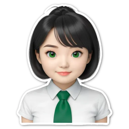 A 3d model of a girl wearing a white shirt and a green tie.