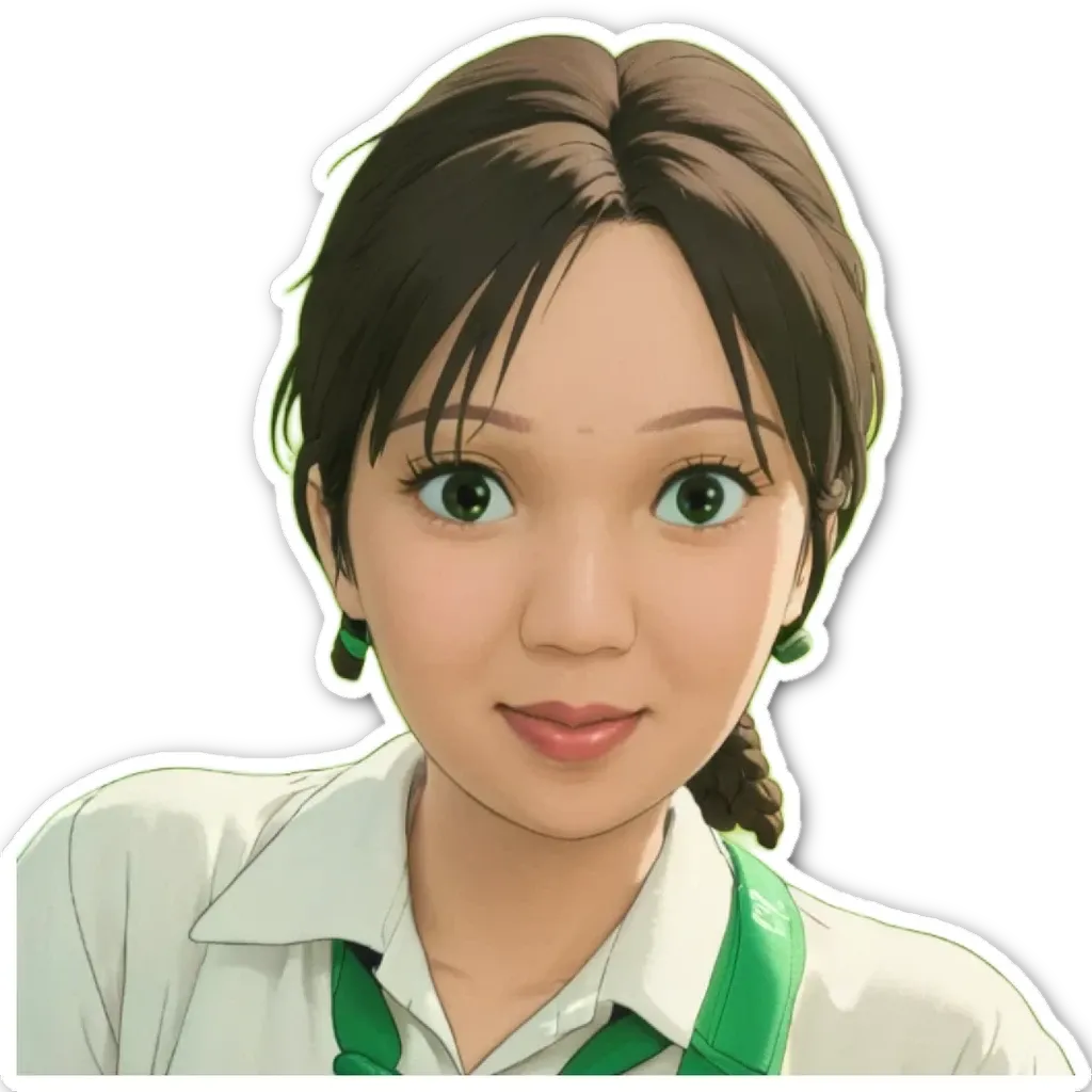 A sticker of a girl with green eyes and a ponytail.