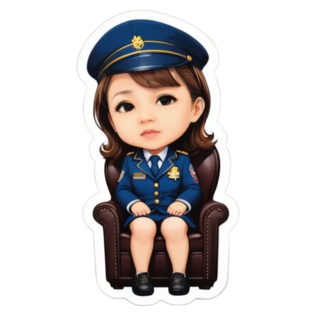 A girl is shown in a cartoonish officer uniform and hat, sitting in a chair.