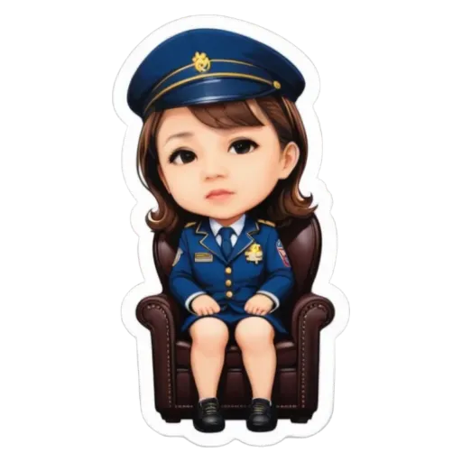 A girl is shown in a cartoonish officer uniform and hat, sitting in a chair.
