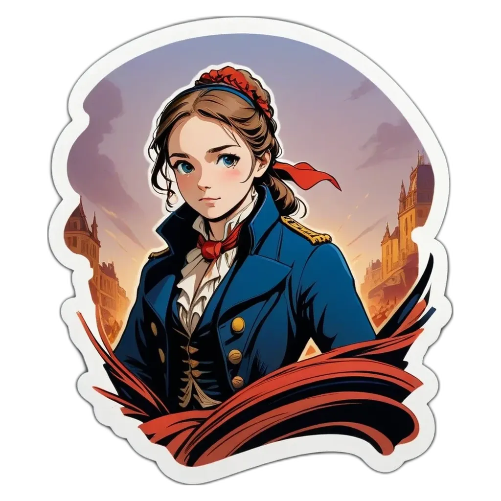 A cartoon depiction of a woman with red hair wearing a blue jacket.