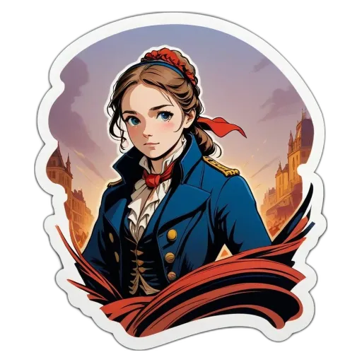 A cartoon depiction of a woman with red hair wearing a blue jacket.