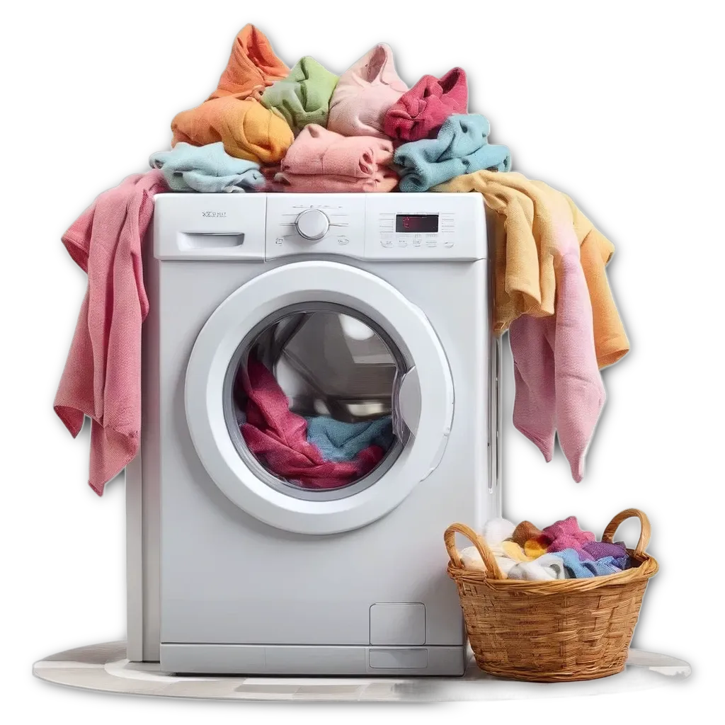 A white washing machine is surrounded by clothes in a black background.