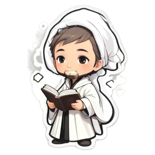 A boy reading a book in a religious costume.