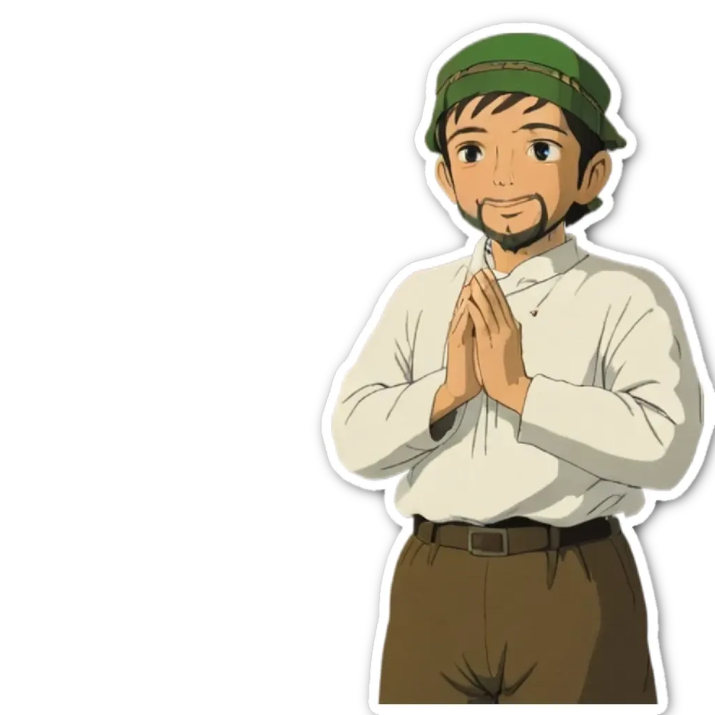 A man is wearing a green hat and white shirt.