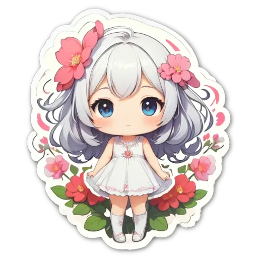 A white girl with blue eyes looking down with a flower in her hair.