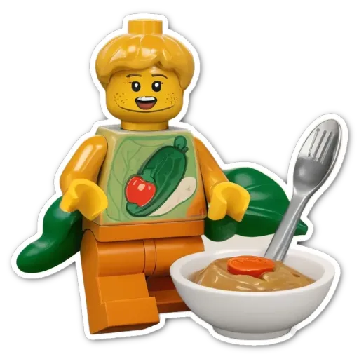 A lego person eating out of a bowl with a spoon.