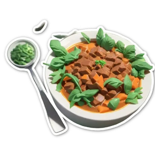 A bowl of food with a spoon and a piece of lettuce.