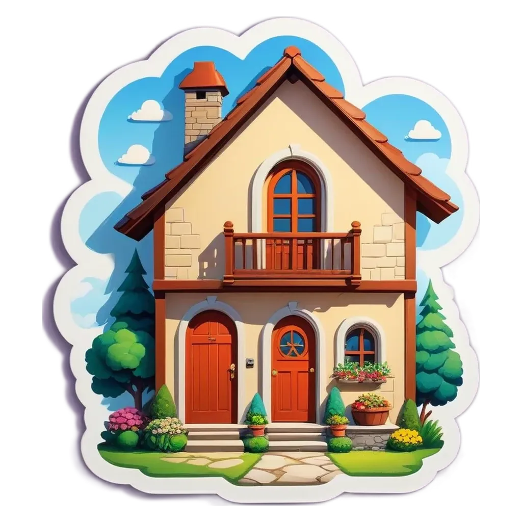 A house with a balcony and a porch is cut out of a sticker.