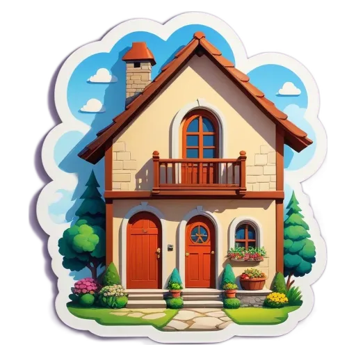 A house with a balcony and a porch is cut out of a sticker.