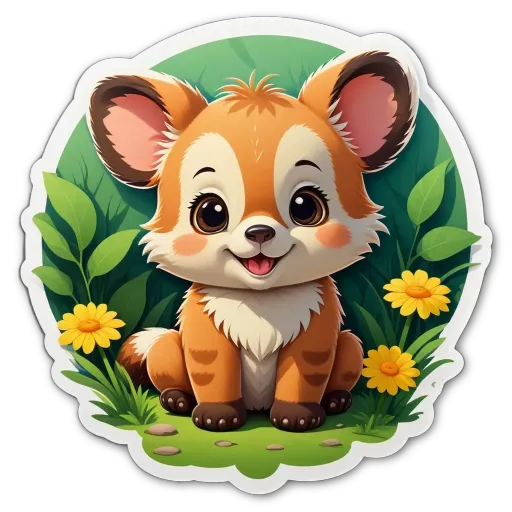 A cartoon animal sitting in a field with flowers.