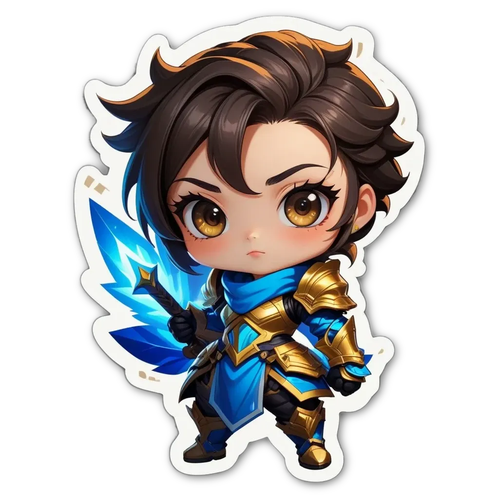 A girl is holding a blue sword in a black and gold outfit.