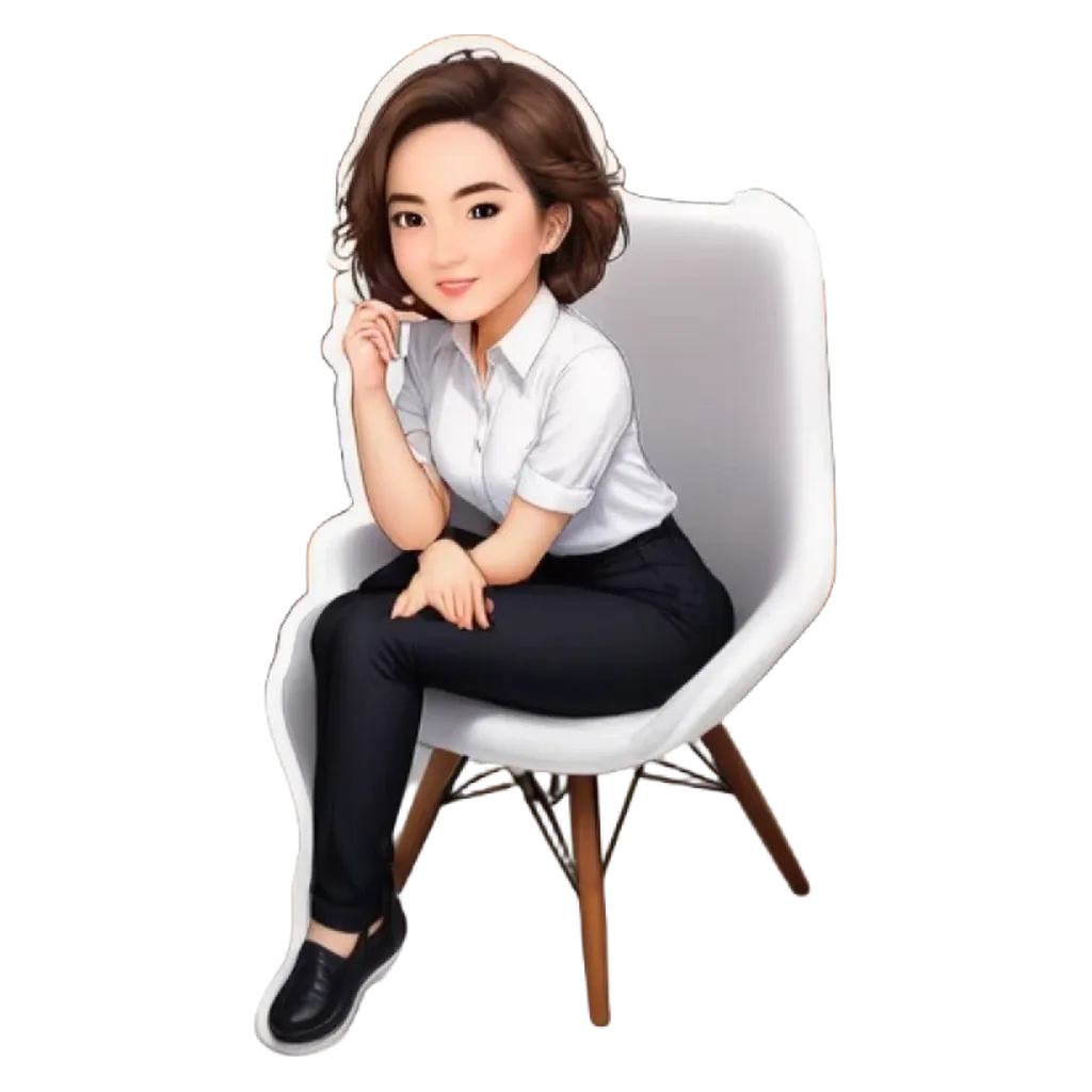 A cartoon woman is sitting in a white chair.