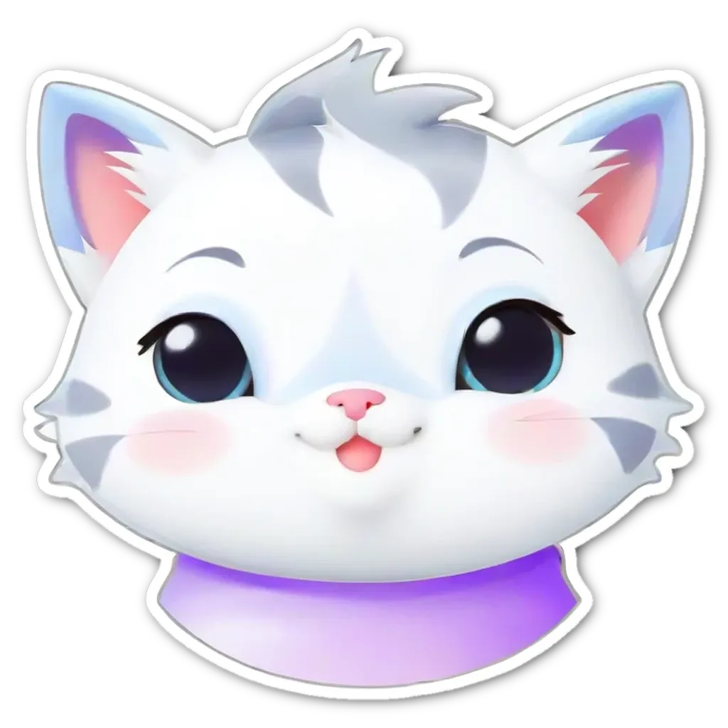 A cat sticker with purple eyes is in the center of a black and white background.