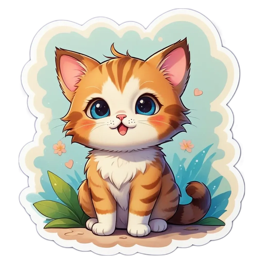 A cartoon cat with blue eyes is sitting on a grassy area.